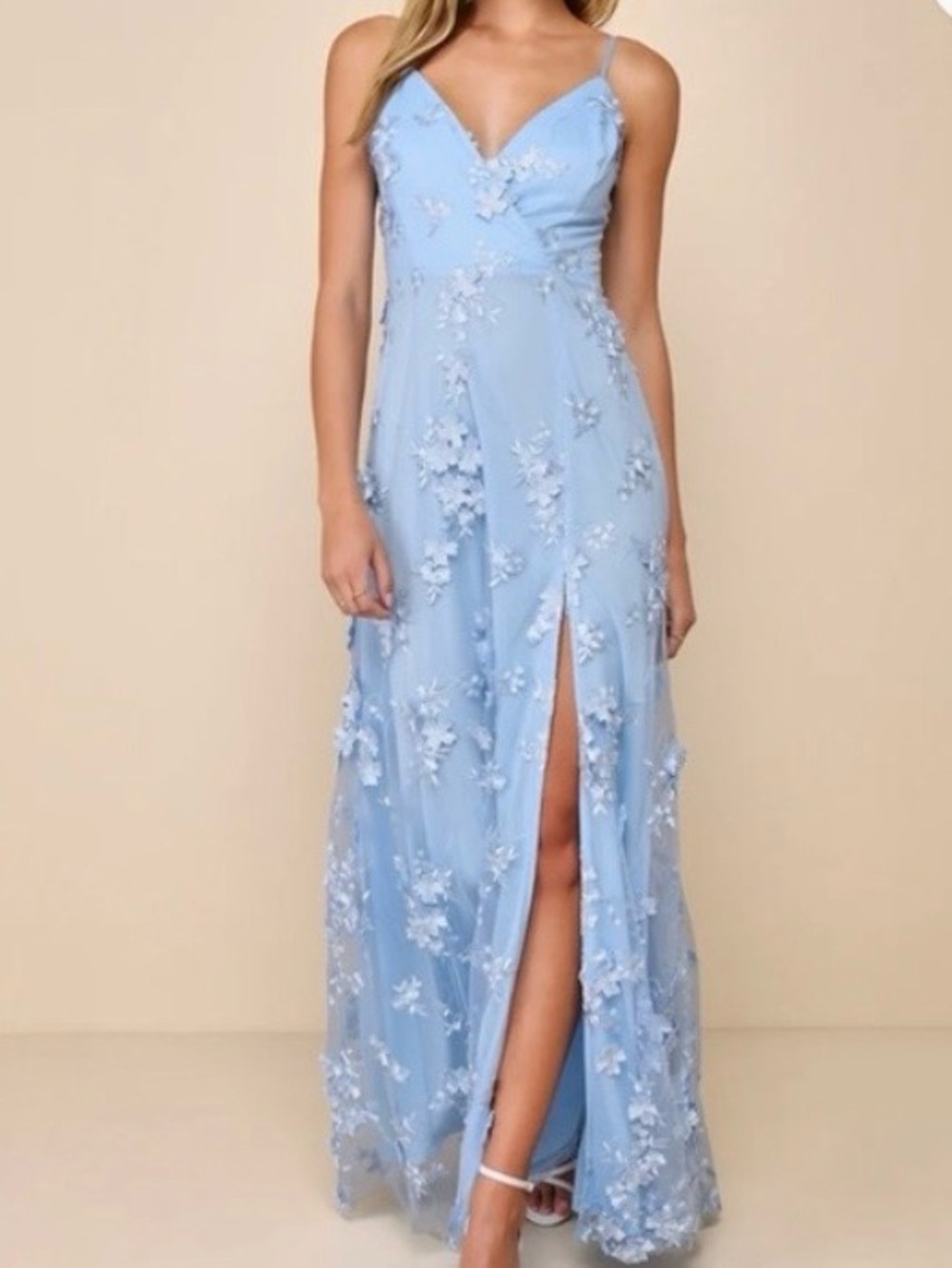Lulu's Sky Blue Floral 3D Appliqué Maxi Dress - Picture 2 of 6